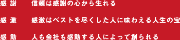 感謝 信頼は感謝の心から生まれる　感激 感激はベストを尽くした人に味わえる人生の宝　感動 人も会社も感動する人によって創られる